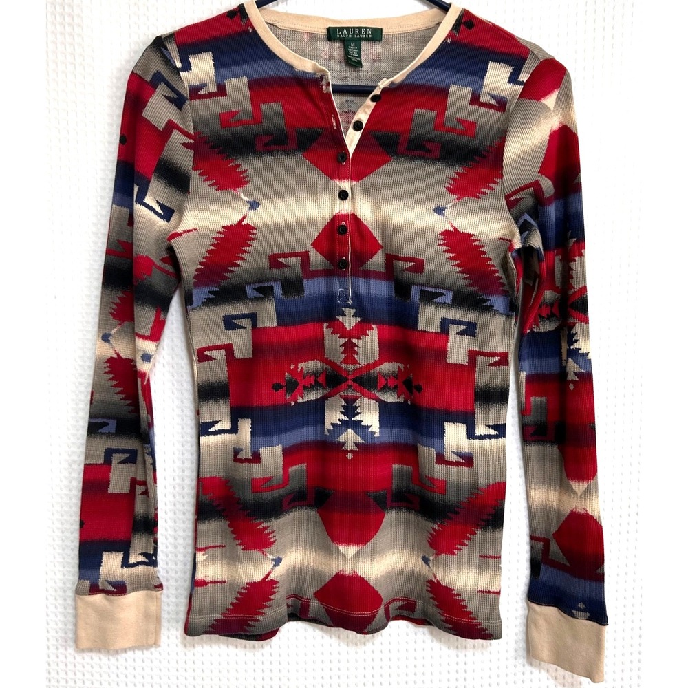 Ralph Lauren Shirt Womens size M Henley Aztec Geometric Southwestern Boho v